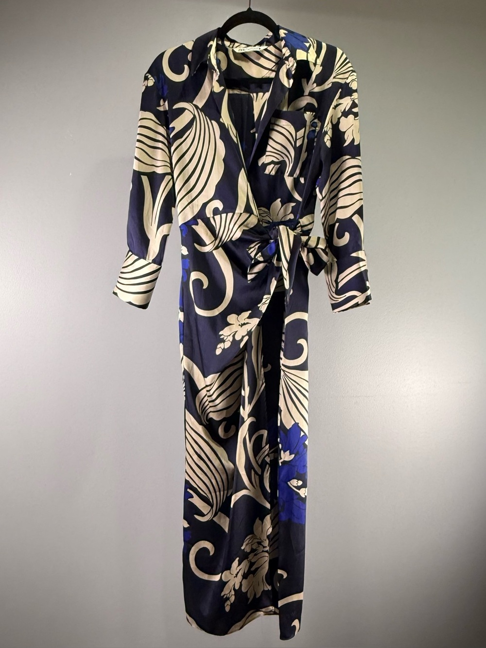 Zara Navy & Cream Satin Floral Wrap Dress